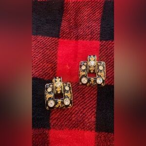 Gold and Black Square Earrings with Rhinestones